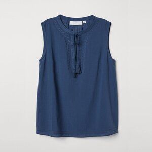 H&M Blue Sleeveless Embroidered Cotton Blouse Tie Front size US 14